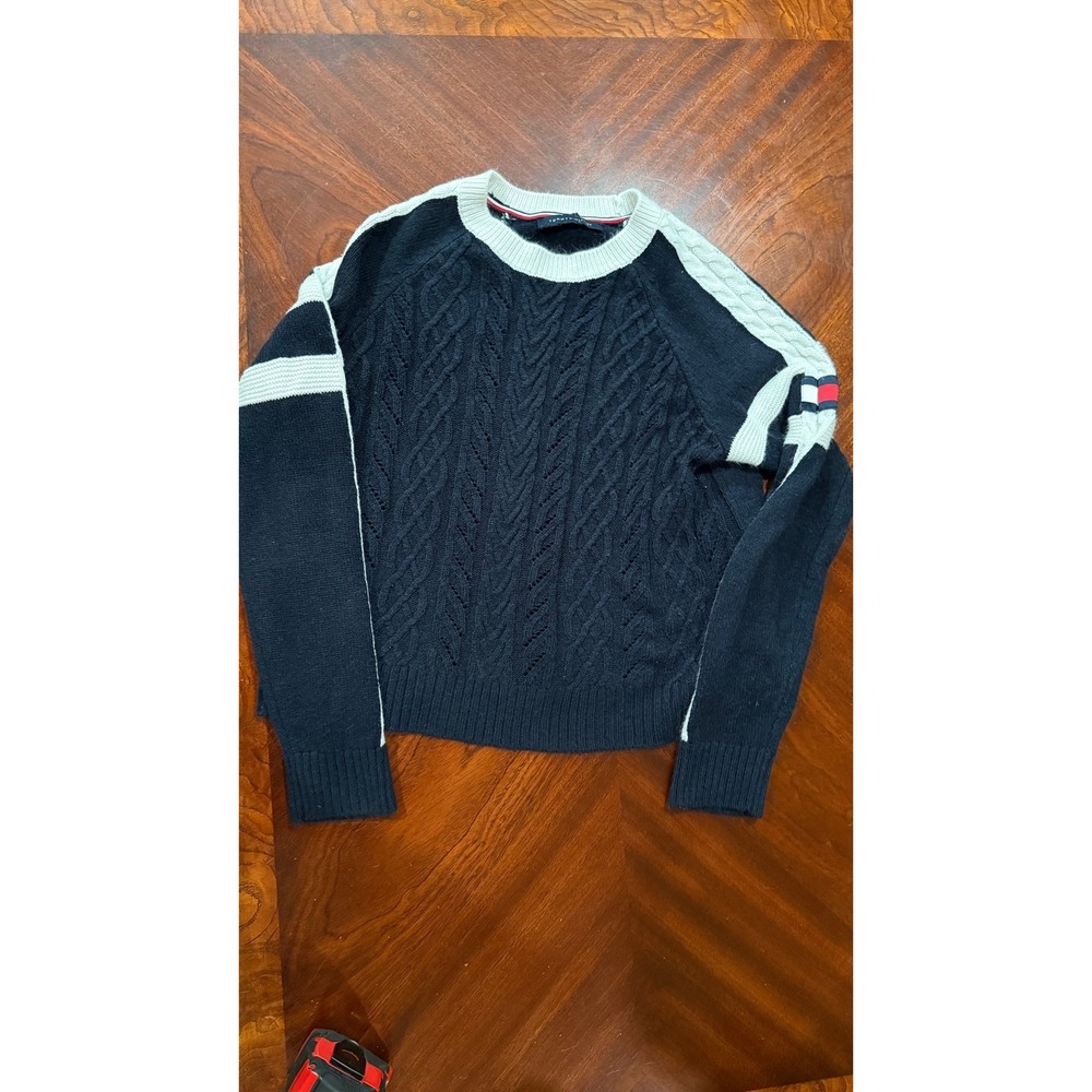 Tommy Hilfiger women's navy blue cotton cable knit sweater -fits like medium